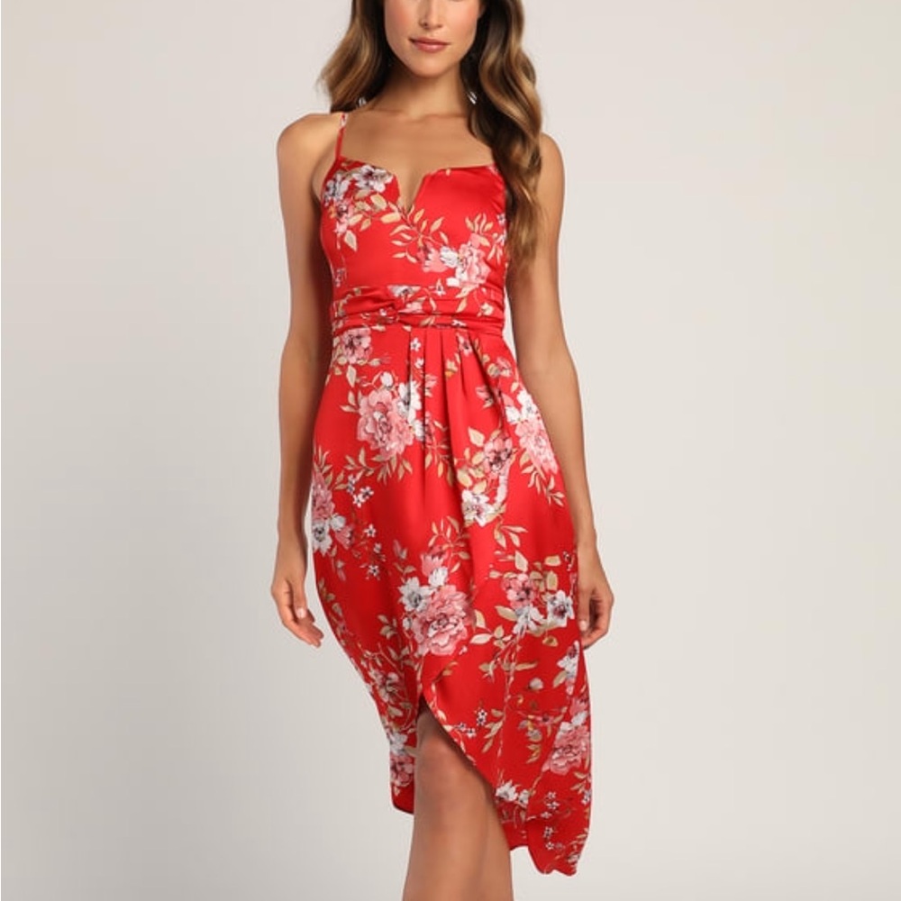 Lulus Red Floral Print Midi Dress size SMALL